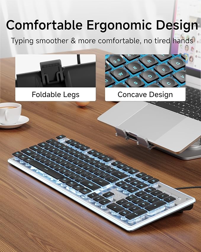 EWEADN GX710S Backlit Computer Keyboards, Wired USB Keyboard with Blue Backlit, Metal Panel, Plug and Play, Pudding Keycaps Full Size Quite Computer Keyboard for Win/PC/Laptop-Black