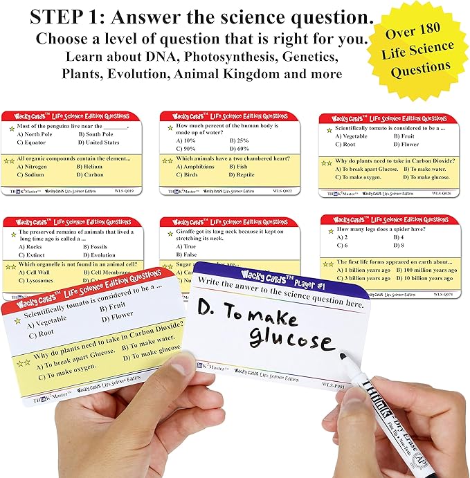 Think2Master Wacky Cards Life Science. Science Card Game for Families & Classroom. Make Hilarious Sentences While Learning About Life Science. Multi Leveled. Kids & Adults can Play Together.