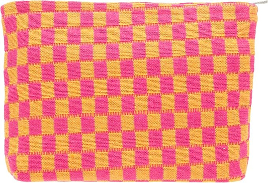 PAZIMIIK Knitted Checkered Makeup Bag Large Zipper Make Up Accessory Pouch for Purse Cosmetic Brush Bag for Travel Red Orange