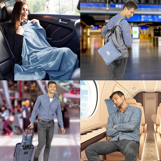 BlueHills Premium Soft Long Travel Blanket Pillow for Tall Airplane Flight Essentials Large Compact 2 in 1 Airline Throw Packable Warm Plane Traveling Comfort Accessories Grayish Blue T056