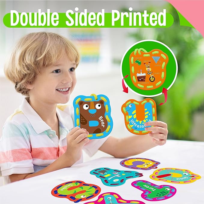 26PCS Kids Lacing Cards, 26 Double Sided Uppercase Sewing Cards with 26 Colorful Laces, Imagination Development Lacing Toys Games for Children Educational and Learning Activity