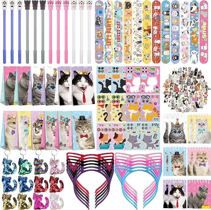139PCS Cat Party Favors - 12 Cat Stickers 12 Slap Bracelets 12 Cat Ears Headband 12 Cat Animal Mini Notepad 12 Cat Face Pen 12 Cat Keychain 12 Cat Favor Bag 42 cat stickers for Cat Party Supplies