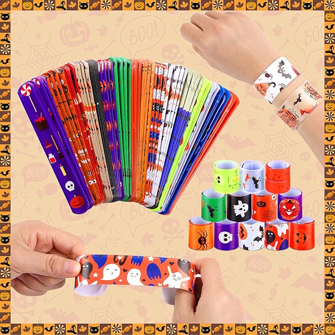 JUNEBRUSHS 56 PCS Halloween Slap Bracelets Halloween Party Favors Snap Bracelets Bulk Halloween Toys for Kids Girls Boys Birthday Party Supplies