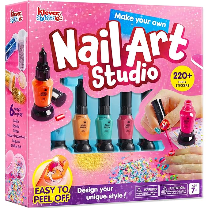 Klever Kits Nail Polish Art Kit for Kids, Kid-safe, Non-toxic Materials-Children Nail Studio With Glitter, Stickers Sequins, Stroke Sticker, Polish-Girls Creative Idea Birthday Gifts Age 7 8 9 and up