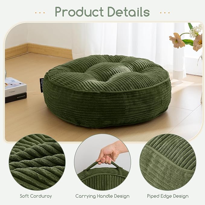6" Washable Floor Pillow Cushion for Adults, Meditation Cushion Pillow, Large Round Floor Sitting, Removable Tufted Corduroy Cover, for Tatami Living Room or Yoga, 22x22 Inch, 2Pack, Machine Washable