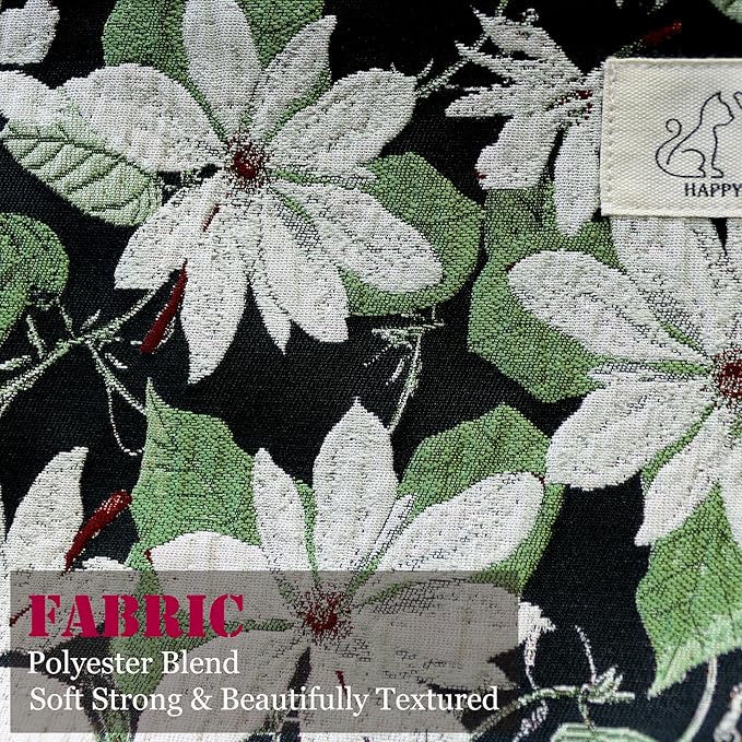 HAPPYHEIDI Large Black Embroidery Floral Makeup Bag Cosmetic Toiletries Travel Pouch, Canvas Lined, Purse Organizer, White Green Flowers