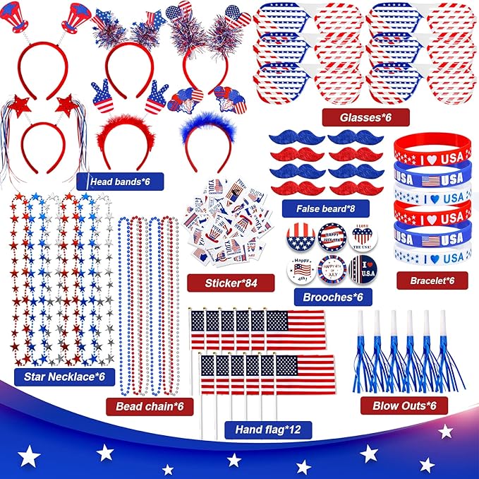 Lansian 4th of July Accessories Bulk Party Supplies, 146Pcs Patriotic Party Favors Set for Independence Day Decorations Memorial Day Celebrations USA Flags Party Parades Classroom Rewards for Kids