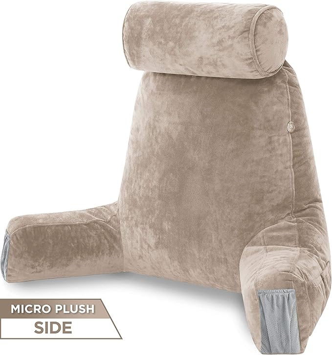 Husband Pillow Medium Aspen Edition Cowboy Taupe, Sit Up Reading & Bed Rest with Arms, Ultra-Comfy, Detach Neck Roll - Premium Shredded Memory Foam Backrest, Reverses to Micro: Suede or Plush