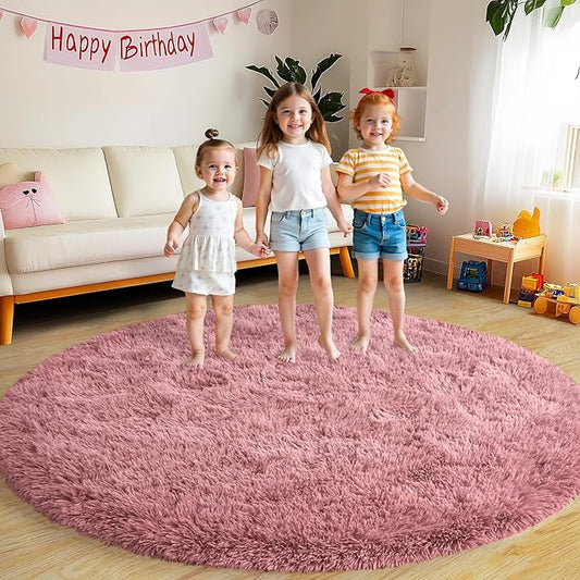 Xexsin Round Fluffy Rugs 6Ft for Girls Bedroom, Blush Pink Shag Circle Kids Rug Non-Slip for Bedside Dorm Nursery Playroom, Soft Cute Area Rugs for Living Room Decor