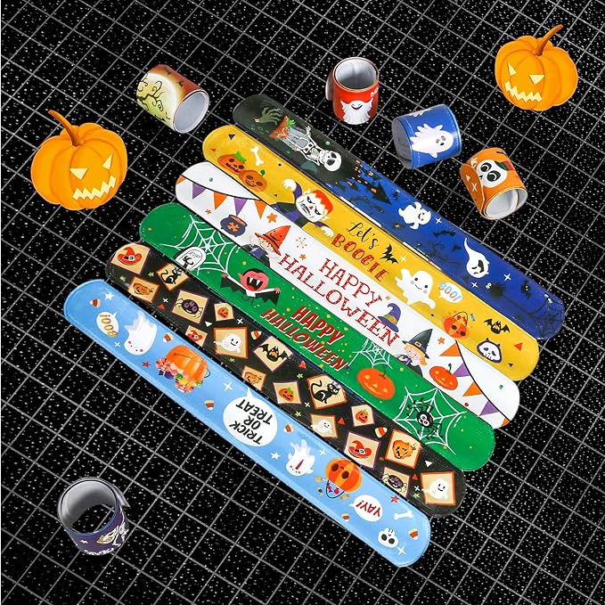 Halloween Slap Bracelet For Kids,48Pcs Halloween Party Favors, Halloween Decorations Gifts Bracelet Decorations Outdoor, Halloween Prizes Snap Bracelets Bulk Decor,Halloween Favors for Kids,Boys,Girls