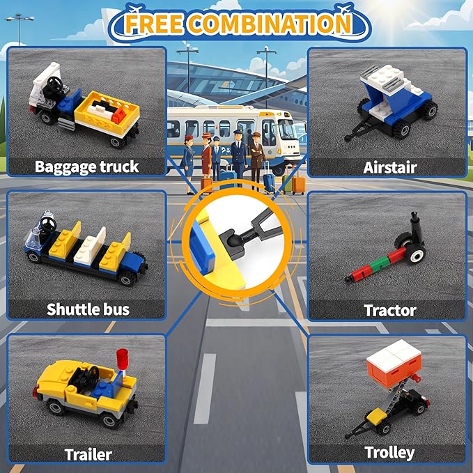 City 3 in 1 Airplane Building Set with Light, 717 PCS Toy Plane Building Blocks Kit with Airport Terminal, Luggage Truck, Aircraft STEM Toys Gift for Boys Girls Kids 6 7 8 9+ Years Old