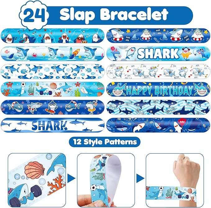 48PCS Shark Party Favors - 24PCS Tattoos & 24PCS Slap Bracelets - Ocean-Themed Birthday Supplies, Undersea Decorations, Classroom Prizes, Gifts for Boys & Girls