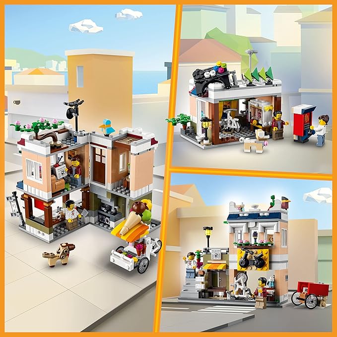 LEGO Creator 3 in 1 Downtown Noodle Shop House, Transforms from Noodle Shop to Bike Shop to Arcade, Modular Building Set, Toy Gift for Kids 8 Years and Up, 31131