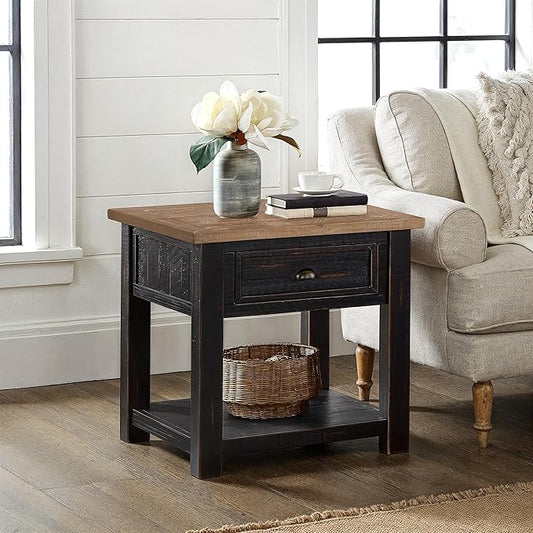 Monterey Farmhouse Rustic End Table, Solid Pine Wood Coastal Side Table with Drawer and Shelf. Black and Driftwood.