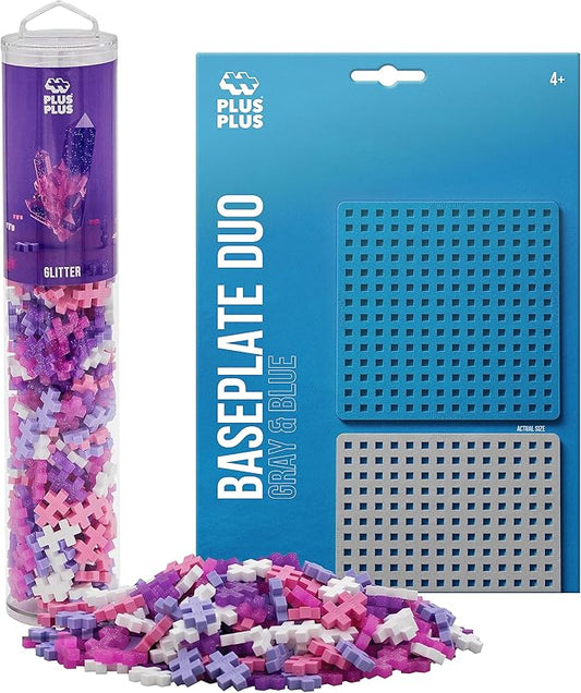 PLUS PLUS 240 Piece Interlocking Building Blocks for Kids, Open Ended Connecting Toys, STEM Bin Mini Manipulatives - Glitter Mix Play Tube & Baseplate
