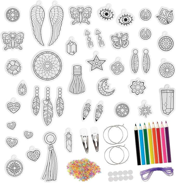 Just Play Shrinky Dinks 68-piece Jewelry Kit, Includes Beads, Barrettes, Elastic String and Earring Hoops, Kids Toys for Ages 5 Up