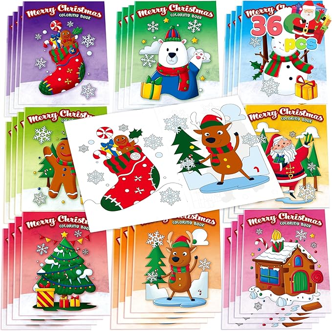 JOYIN 36 Pcs Christmas Coloring Books Bulk for Kids, Mini Coloring Booklets in 9 Covers with 10 Characters for Christmas Party Favor Supplies, Stockings Gifts Goodie Bags Stuffer Filler