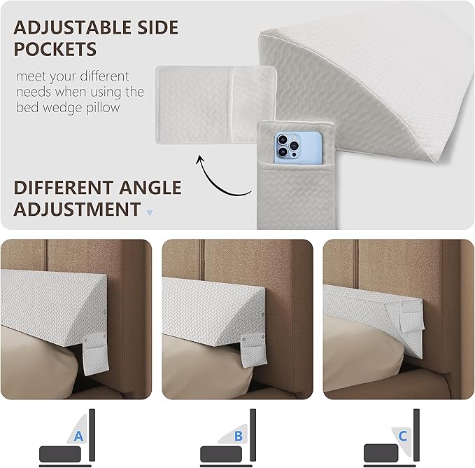 Bed Wedge Pillow for Headboard Gap Bed Mattress Gap Filler (0-8") Between Headboard/Wall and Mattress White King Size Foam Support Triangle Bloster Pillow Stoppers with 2 Pockets