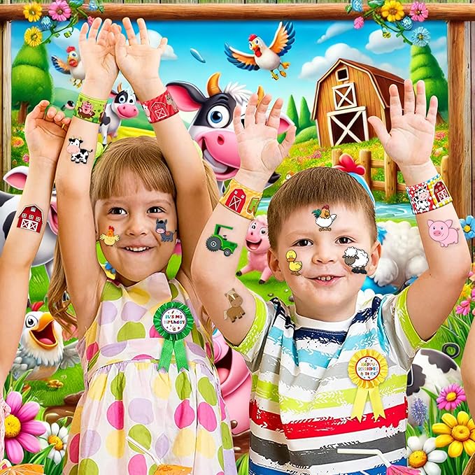 48PCS Farm Animal Party Favors - 24PCS Tattoos & 24PCS Slap Bracelets - Barnyard Birthday Supplies, Cow & Tractor Decorations, Gifts for Girls & Boys