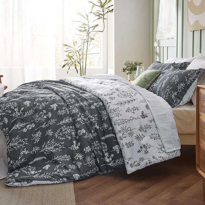 Bedsure Oversized Queen Comforter Set - Dark Grey Bed Set, 3 Pieces Cute Floral Bedding, 1 Soft Reversible Botanical Flowers Comforter and 2 Pillow Shams