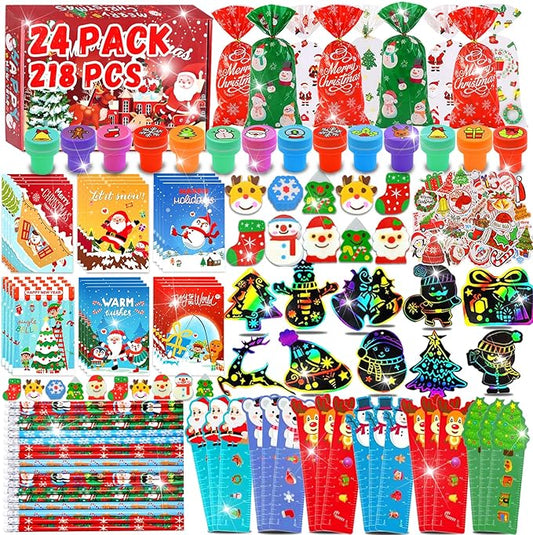 Bluegogo 218Pcs Christmas Party Favors for Kids, Christmas School Stationery Set Christmas Goodie Bags Christmas Toys Bulk Classroom Prizes Christmas Stationery Kit for Party Gift Fillers