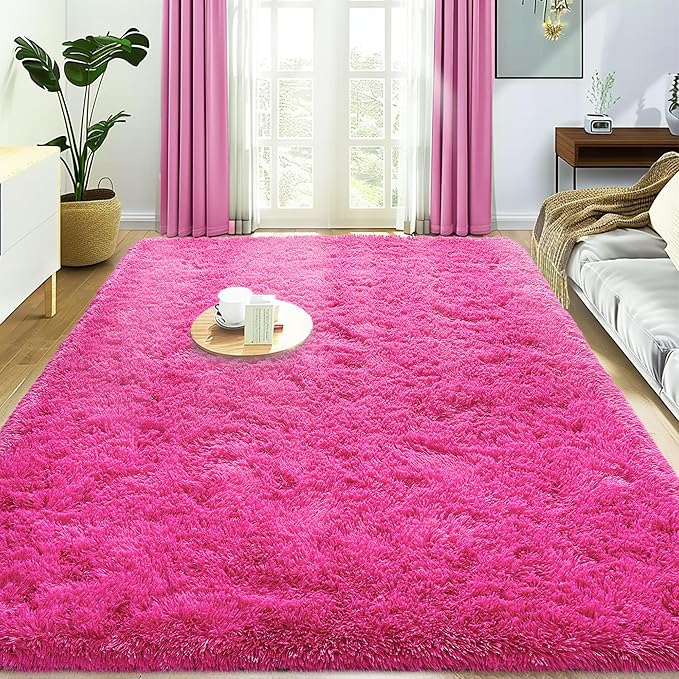 Xexsin Small Rugs for Bedroom, Fuzzy Throw Rug for Living Room Dorm, Soft Fluffy Bedroom Rug, Non Slip Shag Rugs, Modern Indoor Home Decor Aesthetic, 2x3 Feet, Hot Pink