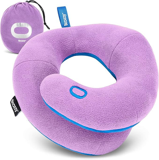 BCOZZY Kids Chin Supporting Travel Pillow for Ages 3–7- Patented Soft Neck Pillow for Head and Chin Support in Car Seat and Airplane. Comfortable Travel Essential. Small Size, Bag, Light Purple