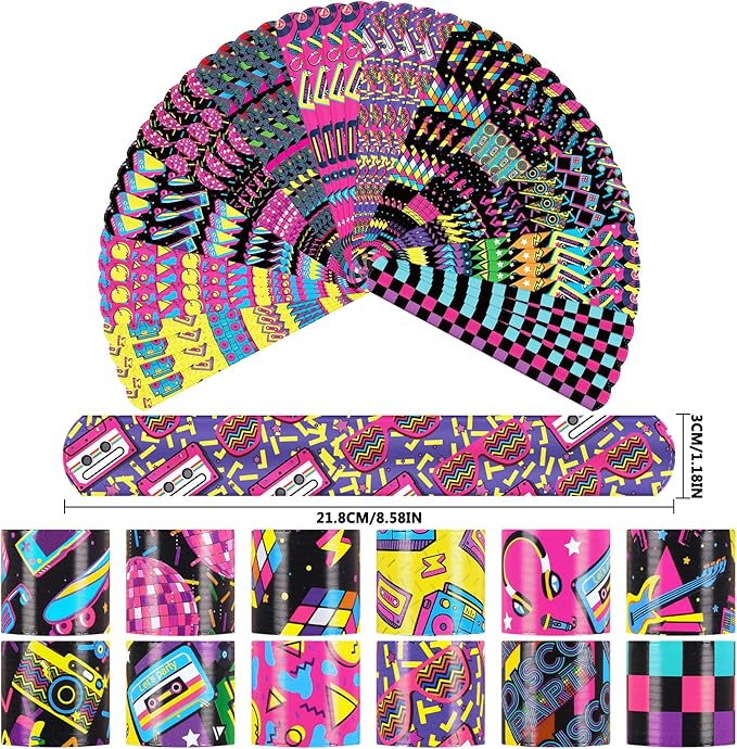 48PCS 80s 90s Party Favors Slap Bracelets,Back to 80s 90s Throwback Theme Party Decorations Slap Bracelets Wristband,For Kids Adults Classroom Prize Exchanging Birthday Party Decorations Supplies