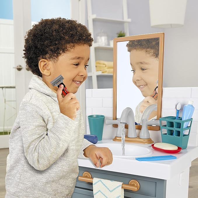 Little Tikes First Bathroom Sink with Real Working Faucet Pretend Play for Kids, 12 Bathroom Accessories, Interactive Unique Toy Multi-Color, Ages 2+ Grey