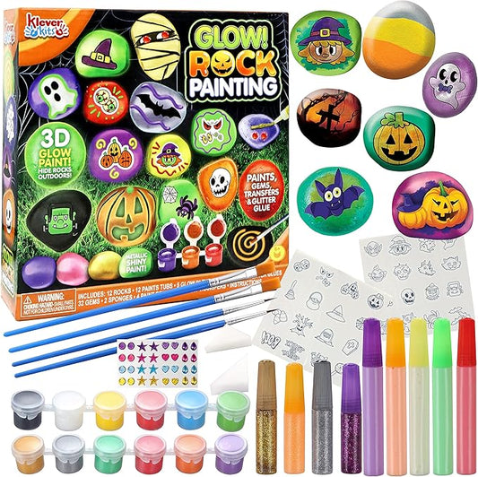 Klever Kits Halloween Rock Painting Kit for Kids, Glow in The Dark Rock Painting with Paint Tubs, Creativity Arts Crafts DIY Supplies Kit for Halloween, Kids Painting Gifts, Family Activity