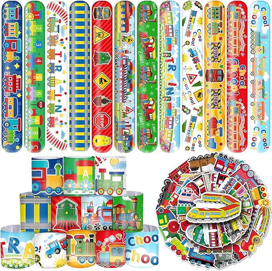 74 PCS Train Party Favors, 24 PCS Train Slap Bracelets 50 PCS Train Stickers Train Birthday Party Decorations Supplies Gifts for Kids Classroom Rewards