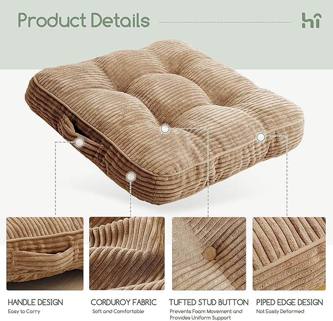 Washable Floor Pillow Cushion for Adults, Meditation Cushion Pillow, Large Square Floor Sitting, Removable Tufted Corduroy Cover, for Tatami Living Room or Yoga, 22x22 Inch, 2Pack, Machine Washable