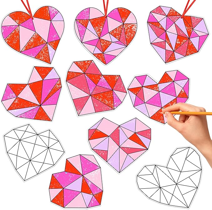 BeYumi 83Pcs Color Your Own Valentine's Day Heart Kit for Kids DIY Coloring Craft Kit Coloring Valentine Heart Ornament Geometric Love Card School Classroom Valentine Party Activity Art Craft Project