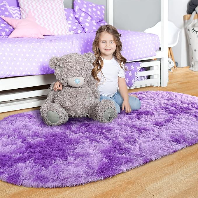 Noahas Oval Fluffy Purple Rug 2.6X5.3 Small Kids Rugs for Bedroom Girls And Boys Aesthetic,Bedside Bedroom Rug,Ultra Soft Runner Carpet Modern Shaggy Nursery Area Rugs Home Decor''