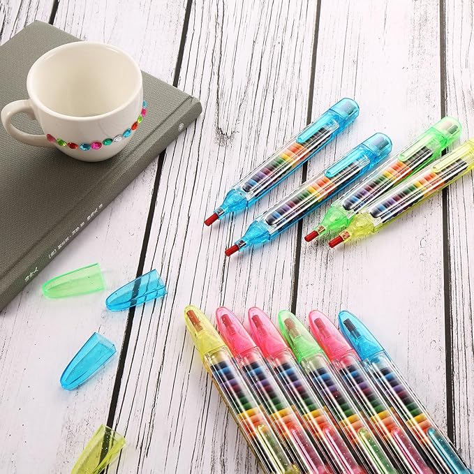 BBTO 20 Pieces Stackable Crayons for Kids Buildable Rainbow Glitter Crayon 20 in 1 Stacking Point Crayons for Drawing Learning and Art Class Supplies, 4 Shell Colors