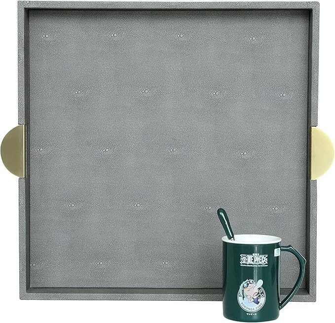 HofferRuffer Faux Leather Decorative Serving Tray, Elegant Coffee Table Ottoman Tray, Breakfast, Drinks, Liquor Serving Platter, Dark Grey Shagreen Finish with Gold Hardware Handle (Square)