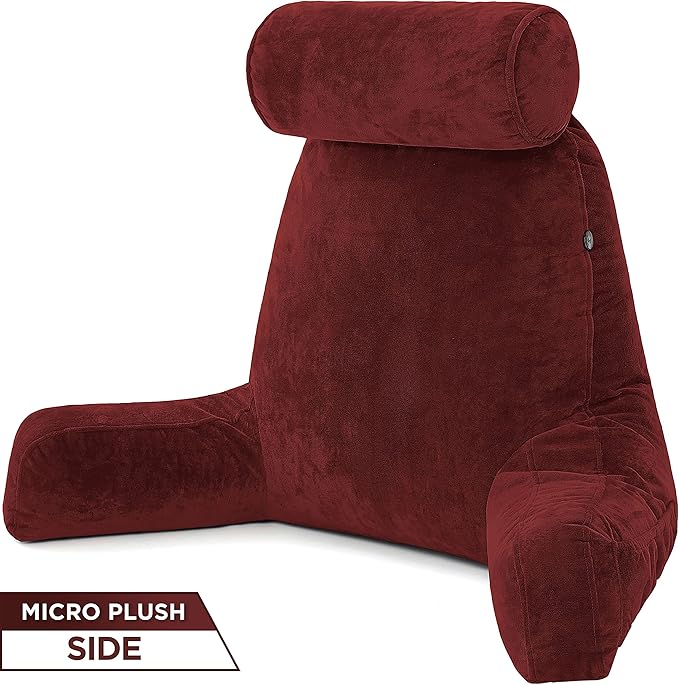 Husband Pillow XXL Aspen Edition, Adult Reading Sit Up Bed Rest Pillow for Bed with Arms & Neck Roll on Bungee Cord, Premium Memory Foam, Reversible 2 Sided Cover Micro Suede or Plush, Arizona Maroon