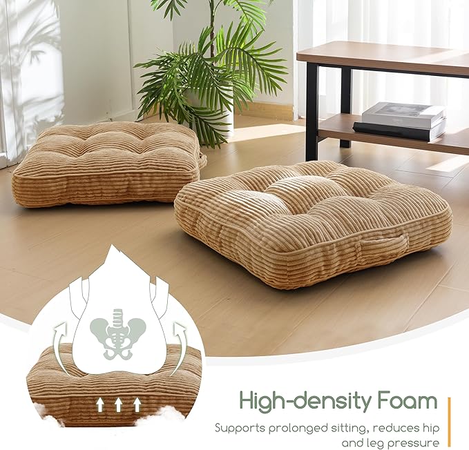 Washable Floor Pillow Cushion for Adults, Meditation Cushion Pillow, Large Square Floor Sitting, Removable Tufted Corduroy Cover, for Tatami Living Room or Yoga, 22x22 Inch, 2Pack, Machine Washable