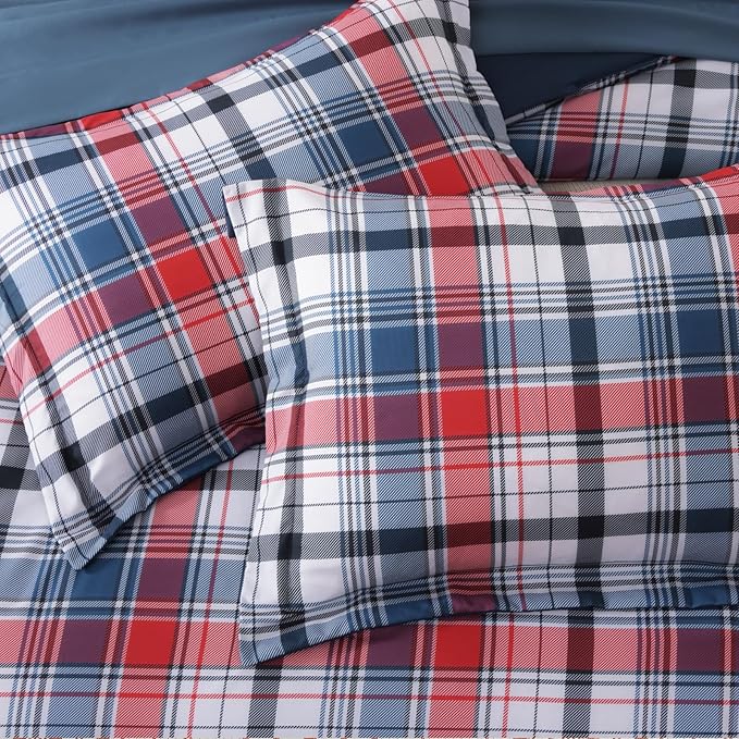 MaiRêve Full Size Plaid Comforter Set Navy Red, Classic 7 Pieces Farmhouse Bedding Set, All Season Lightweight Bed in A Bag with Sheets, Pillowcases & Shams
