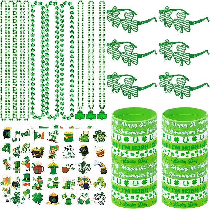 140PCS St Patricks Day Accessories, St. Patrick's Day Glasses Bracelets Tattoos Beads, Irish Glasses Bracelets Tattoos Beads Stuff Bulk, Shamrock Saint Patricks Parade Throw Party Favor Decorations