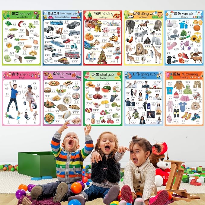 N/A/ Chinese Learning 10-Poster Set for Kids. Montessori-Inspired. Bilingual with Simplified Chinese, English, and Pinyin.