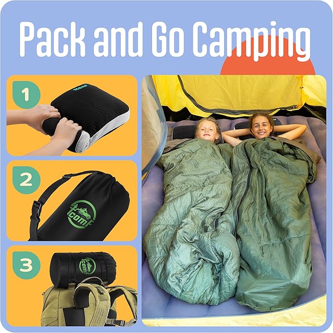 TCOMF Kids Camping Pillow: Dual-Cover Memory Foam Small Pillow; Medium-Firm Camp Pillow | Mini Pillow w/ 5 Layers for Comfort and Support; Small Travel Pillow/Compact Pillow 10x16 Inches (Black)