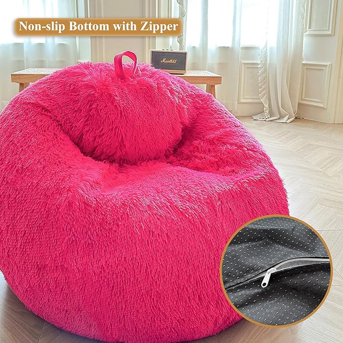 XeGe Fluffy Stuffed Animal Storage Bean Bag Chair Cover(No Filler), Faux Fur Washable Soft Bean Bag Cover for Plush Toys or Textile, Plush Shaggy Large Bean Bag for Adults Kids Teens, Hot Pink