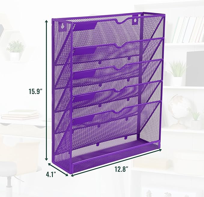 EASEPRES 6 Tier Mesh Hanging Wall File Organizer, Desk Vertical Mail Paper Document Folder Holder Rack with Bottom Tray and Nametag Label for Office Home School, Purple