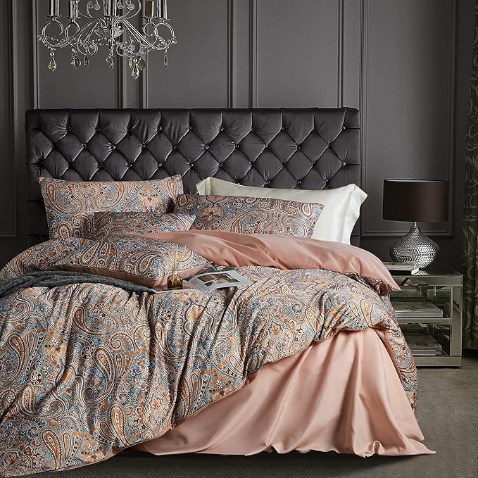 Gold Duvet Cover Set,5 PCS Medallion Paisley Print Comforter Cover Set,Bohemian Pattern Bedding Set,Vintage Style Flower Duvet Cover,Soft Reversible Design(Paisley,Queen)