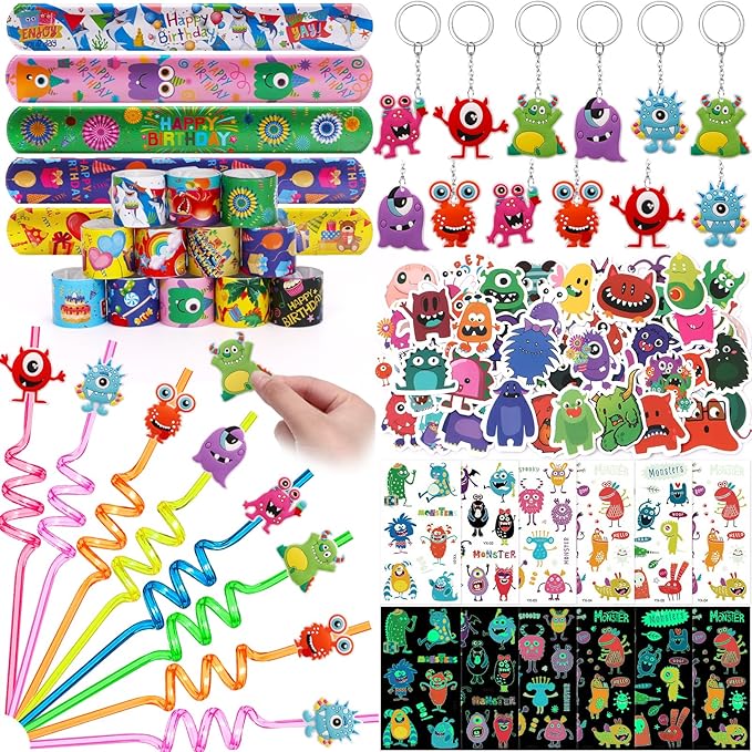 98Pcs Monster Party Favors Birthday Supplies for Kid Monster Drinking Straw Luminous Tattoo Sticker Keychain Slap Bracelet Sticker Pinata Filler Goodie Bag Stuffer Monster Birthday Party Supplies
