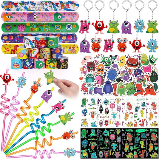 98Pcs Monster Party Favors Birthday Supplies for Kid Monster Drinking Straw Luminous Tattoo Sticker Keychain Slap Bracelet Sticker Pinata Filler Goodie Bag Stuffer Monster Birthday Party Supplies