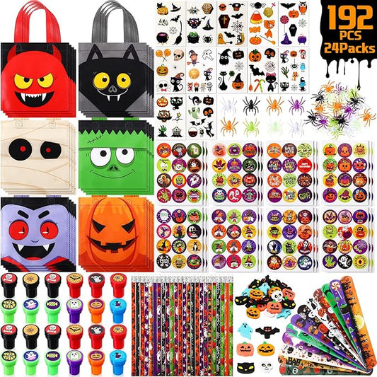 192 Pieces Halloween Party Favors Set 24 Pack Halloween Stationery for Kids Trick or Treat Toy Goody Bag Fillers Including Halloween bag Tattoo Sticker Stamper Pencil Eraser Spider Slap Bracelet