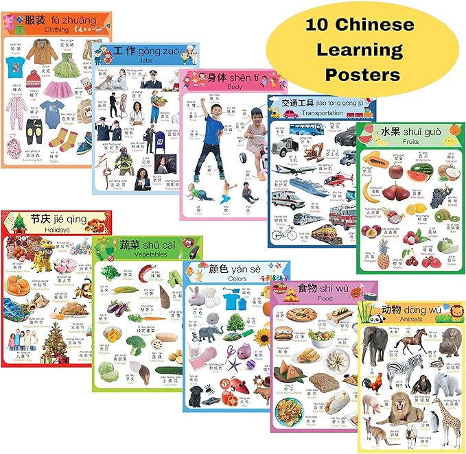 N/A/ Chinese Learning 10-Poster Set for Kids. Montessori-Inspired. Bilingual with Simplified Chinese, English, and Pinyin.