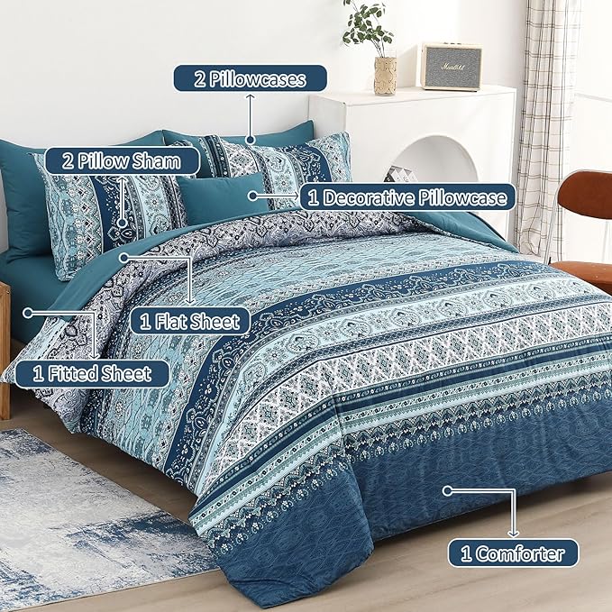 Cottolester Boho Blue Comforter Set Queen Size 8 Pieces,Teal Blue Comforter Bohemian Striped Bed in A Bag,Soft Microfiber Bedding Set for All Seasons